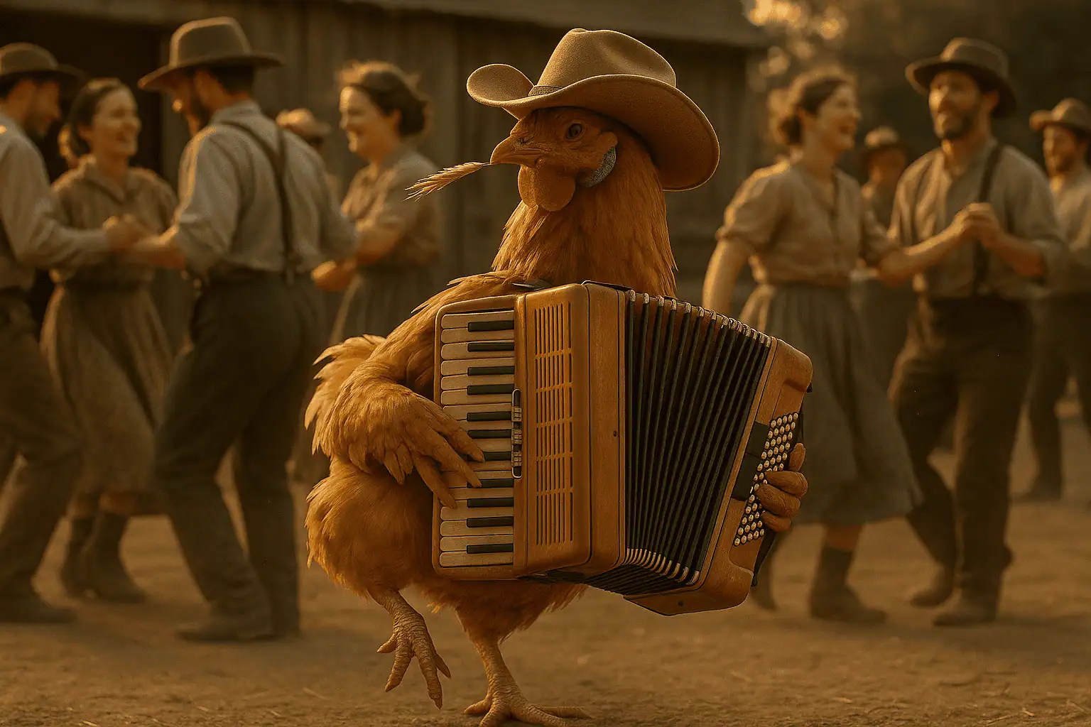 Una gallina tocando el acordeón, humor sin rollos